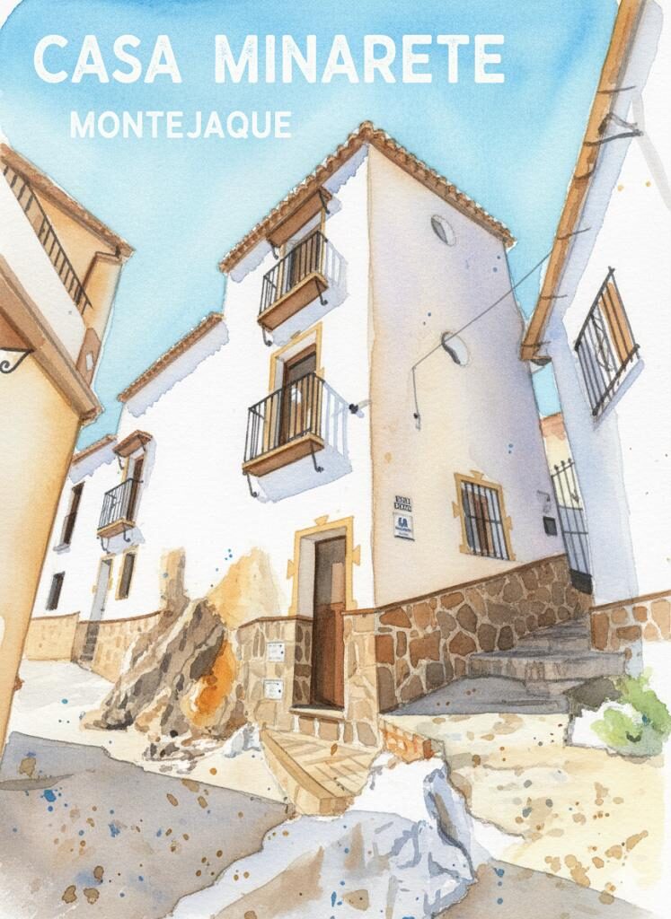 Ilustración en acuarela de la fachada de Casa Minarete en Montejaque