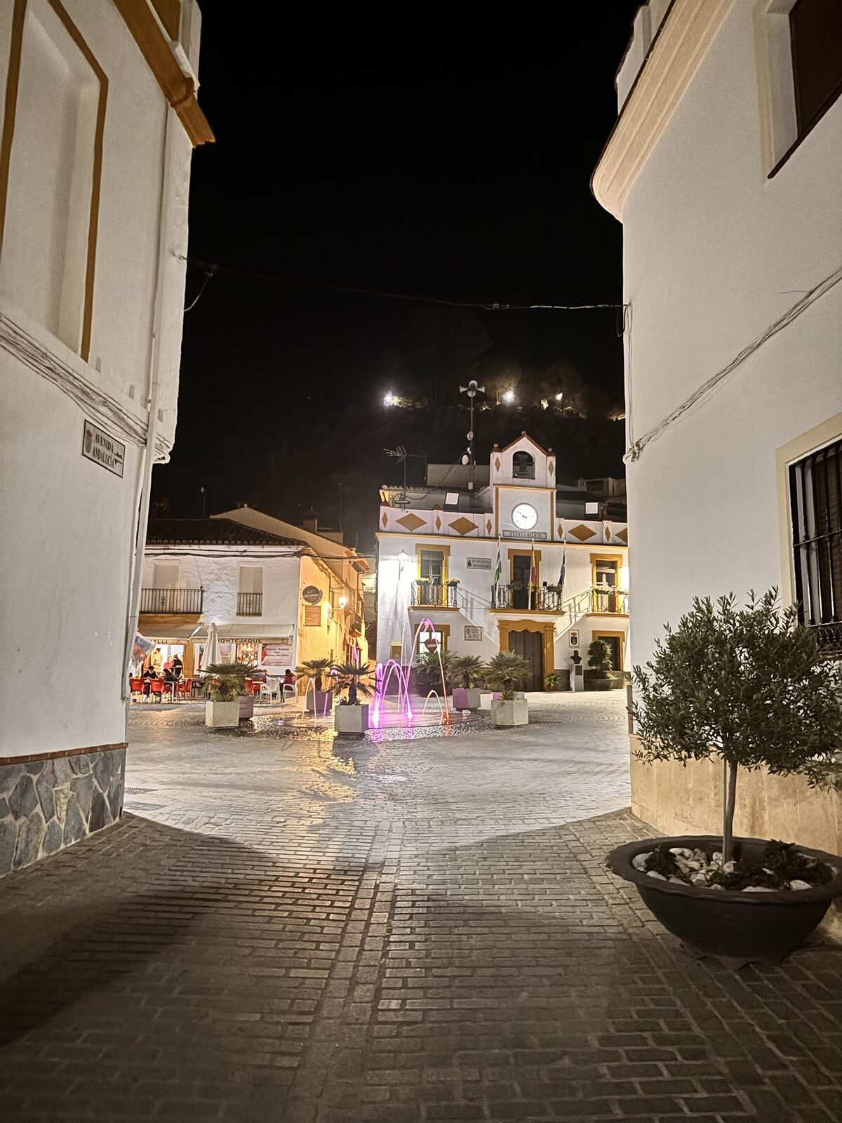 Plaza de la Constitución iluminada de noche, con fuente y terrazas