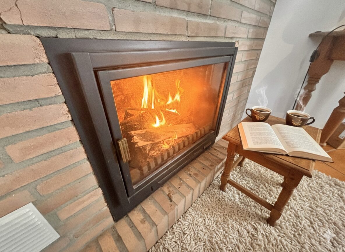 Chimenea encendida con un libro abierto y dos tazas de café